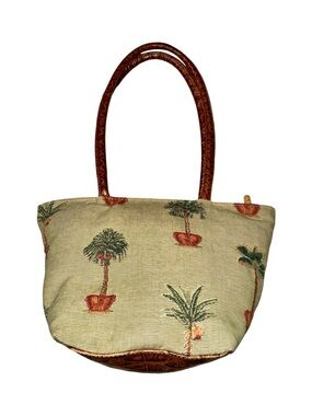Tommy Bahama Beige Canvas Tote with Green & Brown Palm Motif